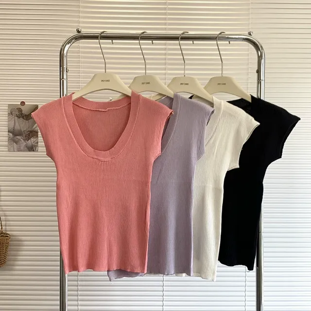 韩版低领短袖针织打底衫女夏季薄款辣妹欲简约修身显瘦t恤上衣