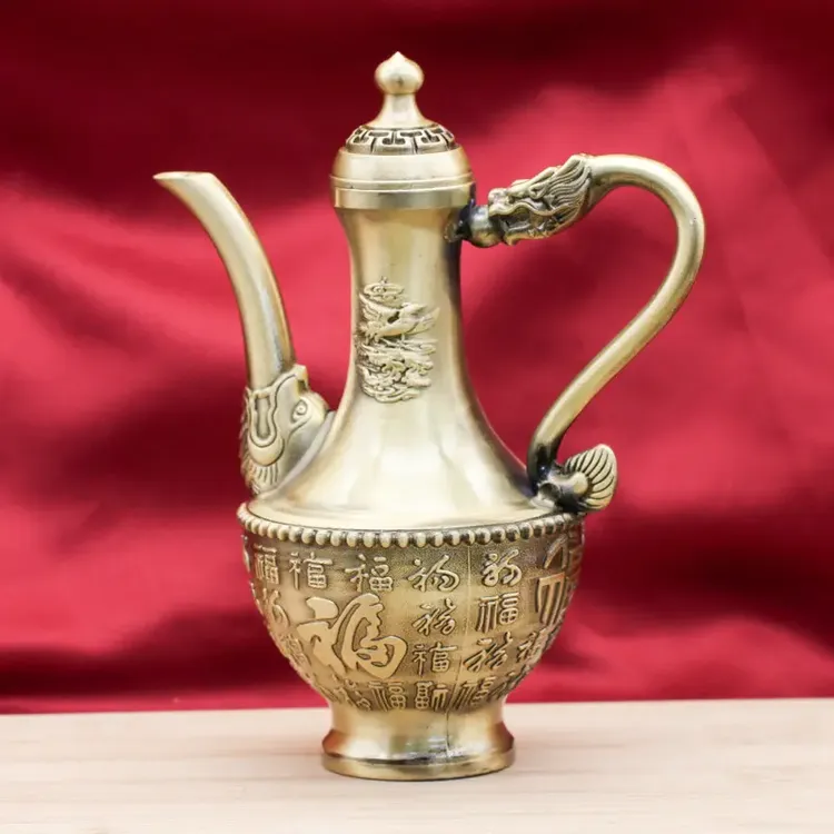 黄铜龙凤呈祥酒壶铜摆件百福铜缸工艺品餐厅酒壶装饰品家居铜器