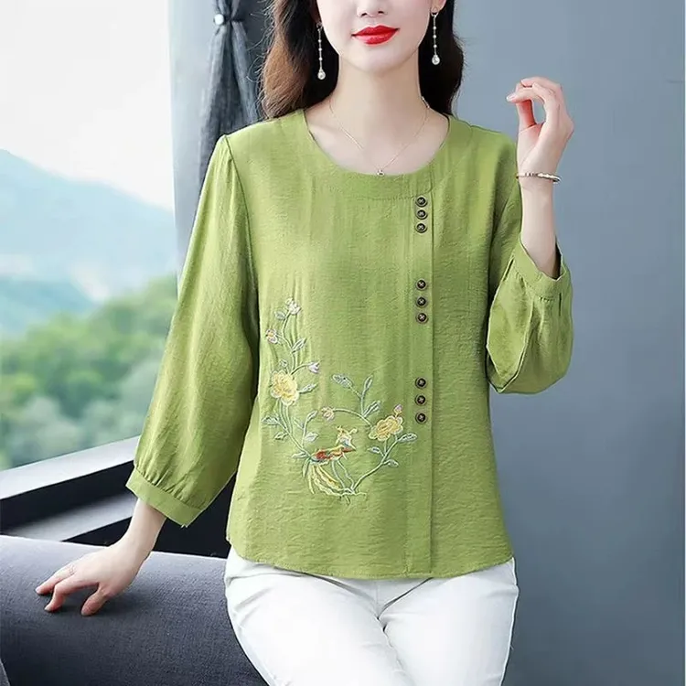 秋季新款女棉麻衬衫气质小衫t恤大码妈妈装亚麻宽松显瘦洋气上衣
