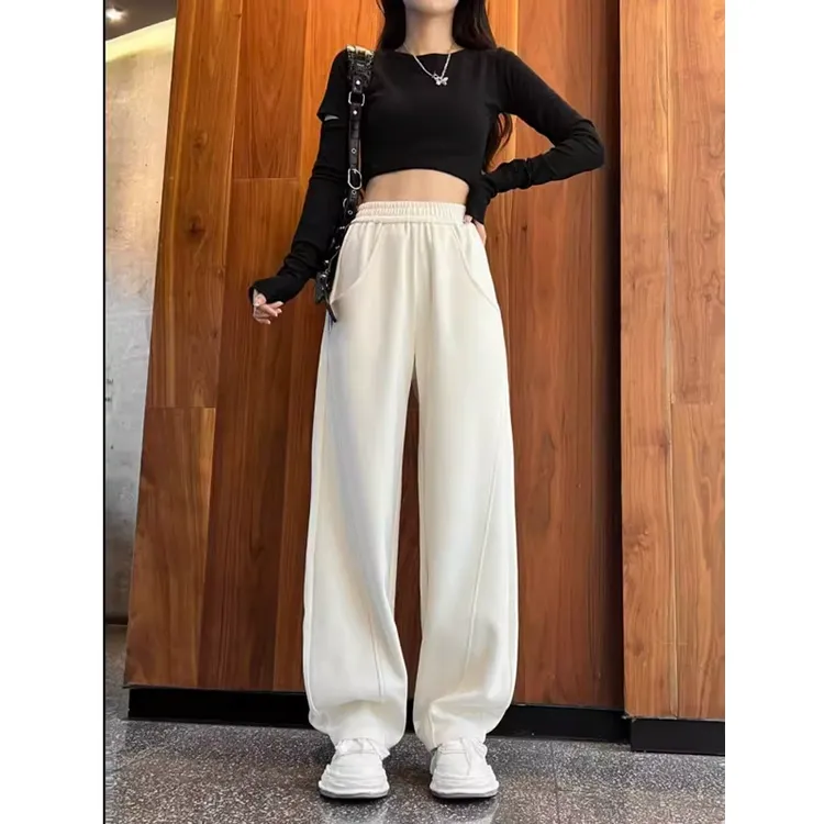 春秋2025新款美式复古宽松显瘦显高松紧高腰垂直休闲阔腿弯刀裤女