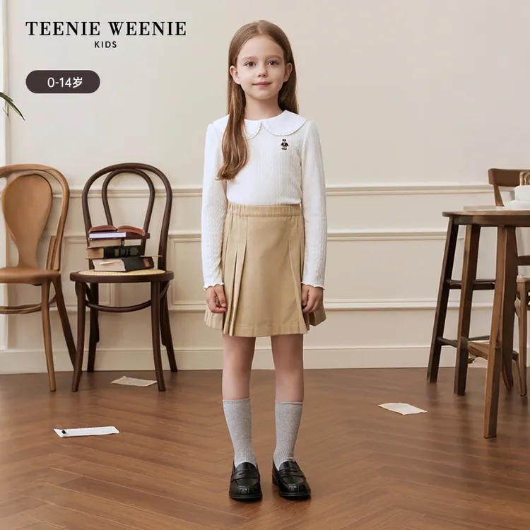 【达人专属】TeenieWeenie Kids小熊童装秋女童花边娃娃领长袖T恤TKLA257863I