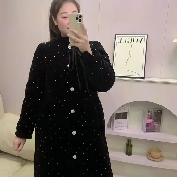 三层加厚加绒蝴蝶结睡袍女冬季时尚可爱名媛风可外穿家居服长款