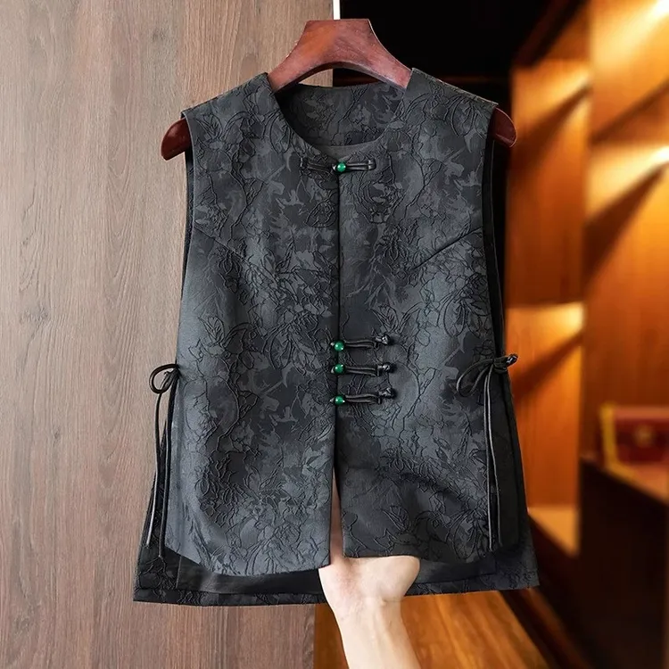 唐装新中式改良马甲外套女夏季高端黑色国风盘扣提花坎肩外搭上衣