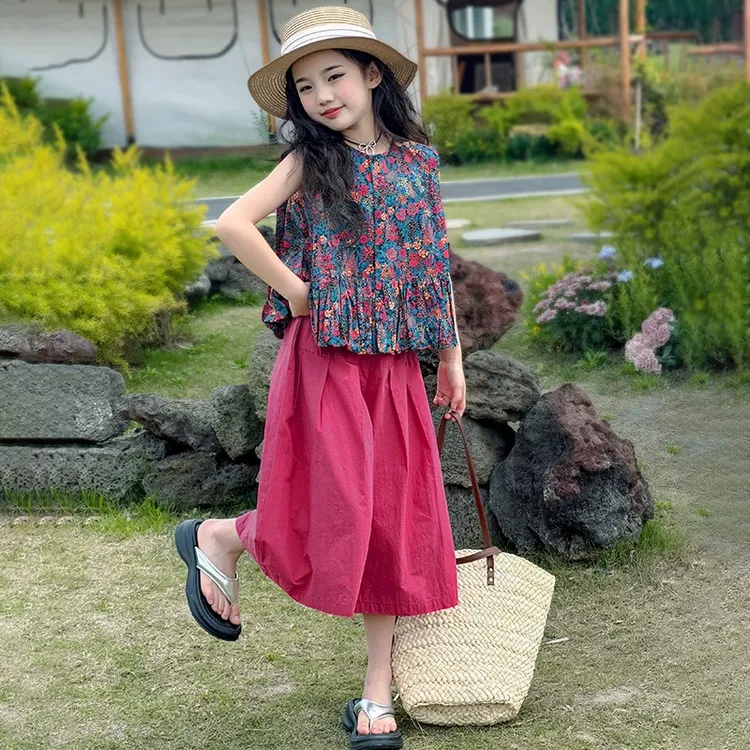 女童夏装碎花无袖套装2025新款两件套儿童韩版阔腿裤休闲薄款网红