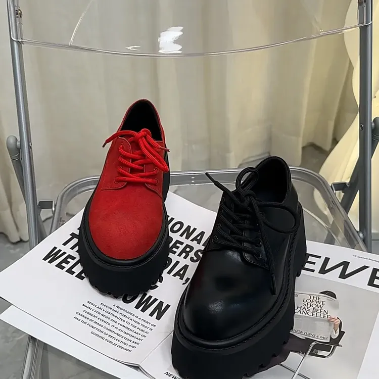 广州新款欧州站时尚系带尖头厚底松糕布洛克JK小皮鞋英伦风乐福鞋