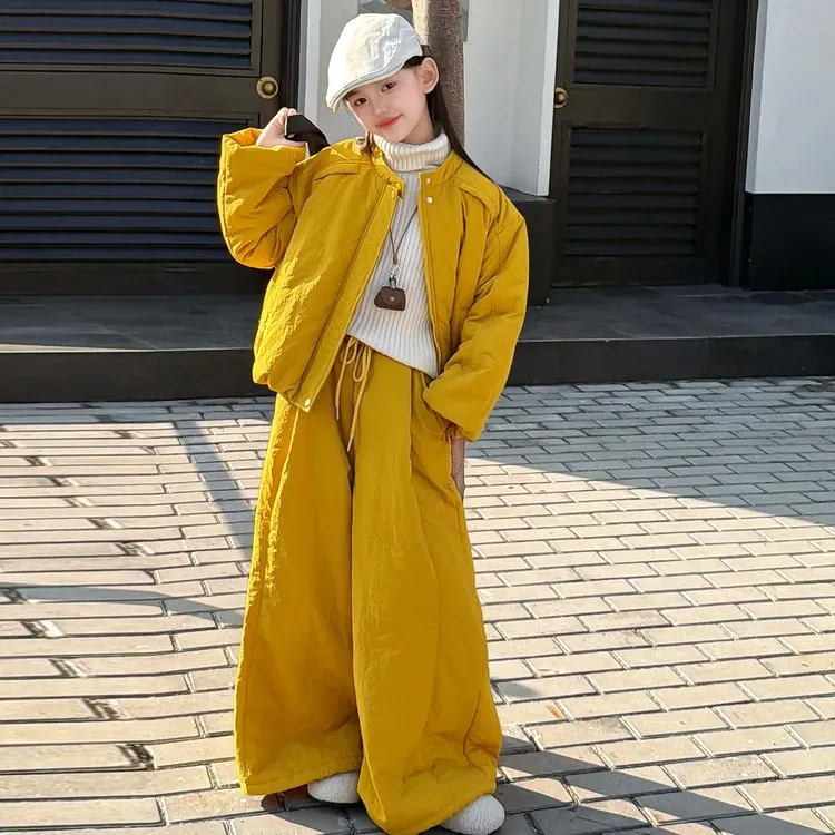 女童夹棉套装2025新款秋冬二棉加厚棉服棉裤外套灯笼裤阔腿裤时髦