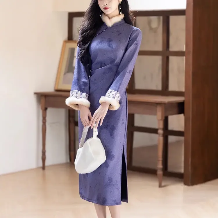 紫色收腰加绒新中式复古长袖改良旗袍冬季厚款年轻款日