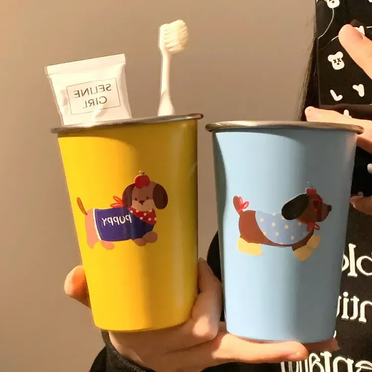 可爱腊肠狗漱口杯家用牙刷杯子洗漱杯情侣学生宿舍不锈钢牙杯LX