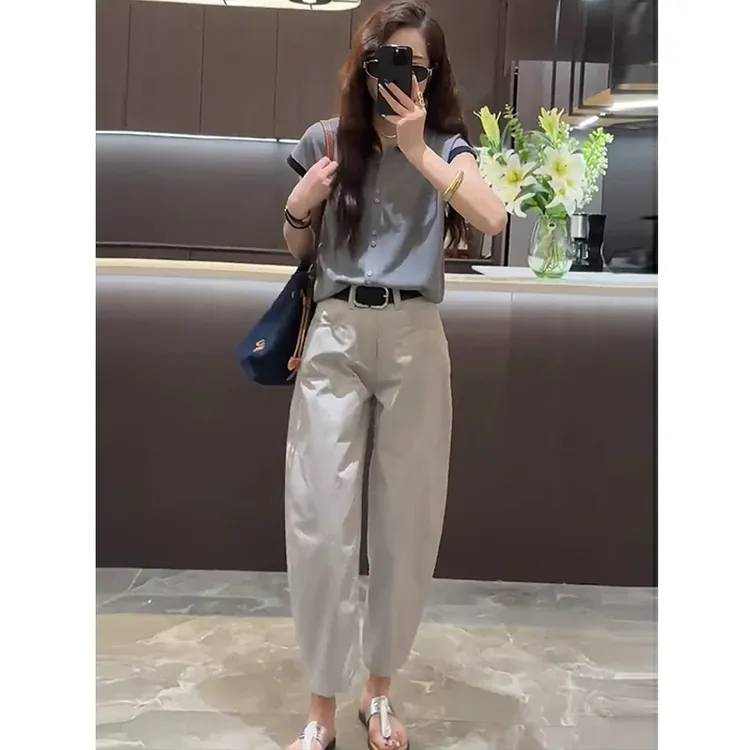 小个子显高时尚套装女夏季领恤上衣阔腿裤高级感休闲两件套