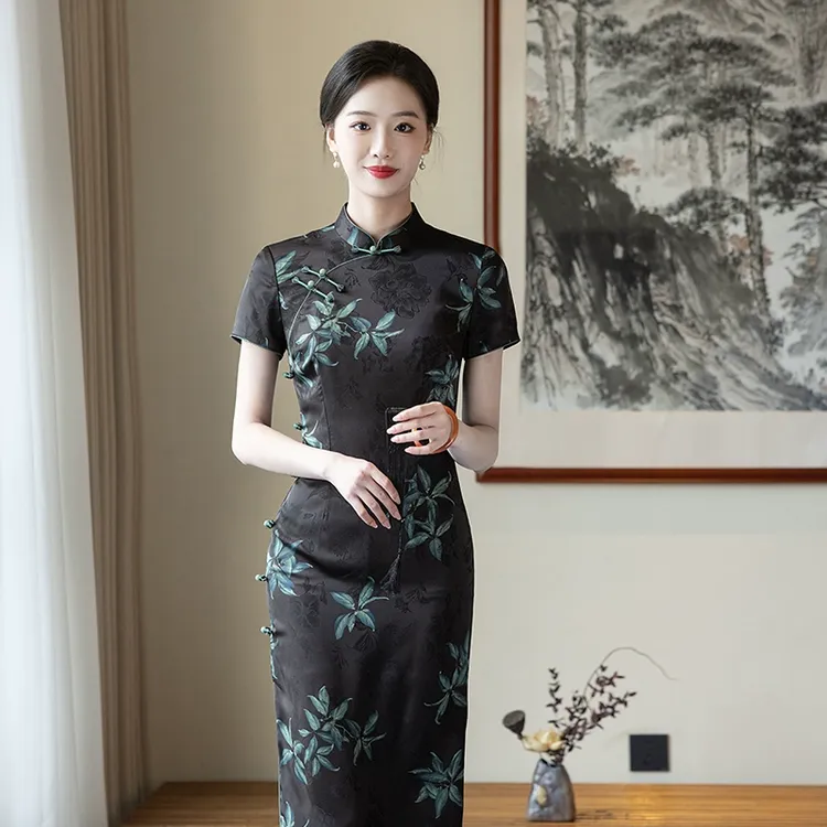 黑色素雅旗袍夏季新款中式改良妈妈年轻气质优雅修身显瘦日常可穿