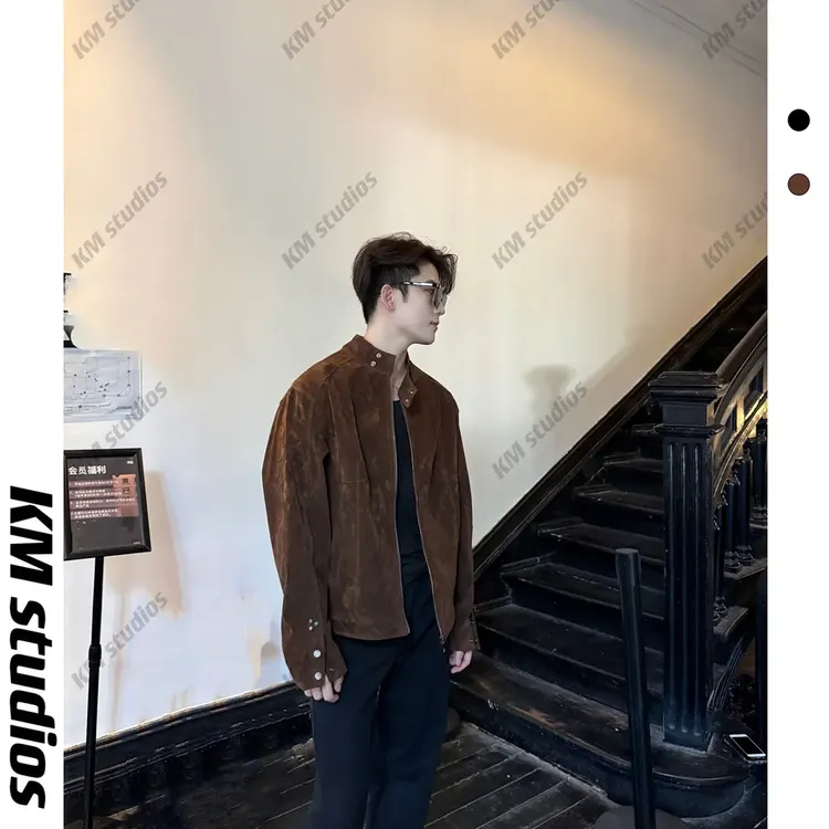 KM studios 25秋冬摩登年代反绒复古哈灵顿夹克立领短款男女外套