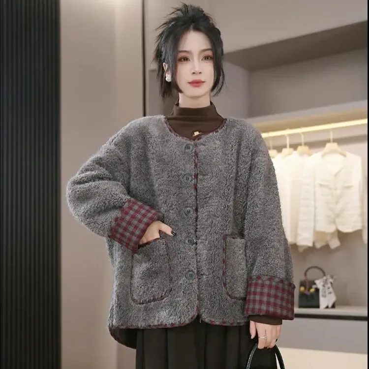  【现货】圆领女纯色韩版冬季民族风短外套女士小香风宽松外套女