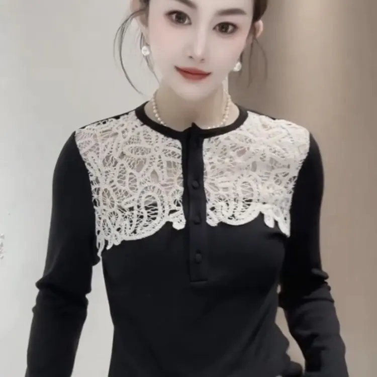 长袖法式拼接镂空圆领修身型T恤吸汗纯色蕾丝拼蕾丝纽扣上衣
