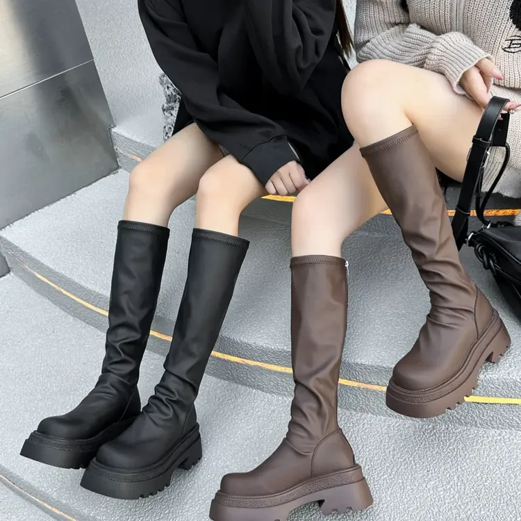 不过膝褶皱堆堆靴女2025秋冬新款厚底增高长筒靴弹力瘦瘦靴骑士靴