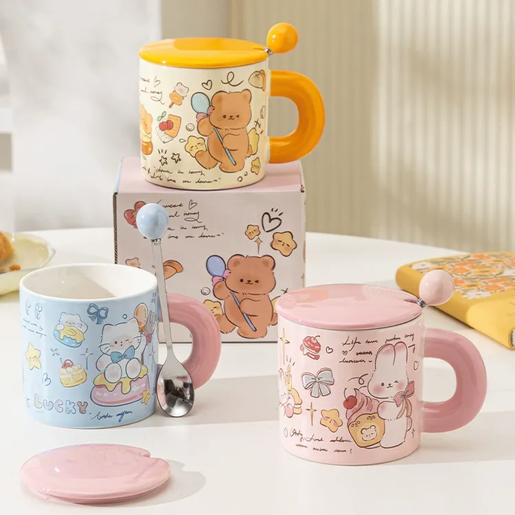 带盖卡通杯情侣马克杯送女生高颜值杯子创意可爱喝水杯花花陶瓷杯