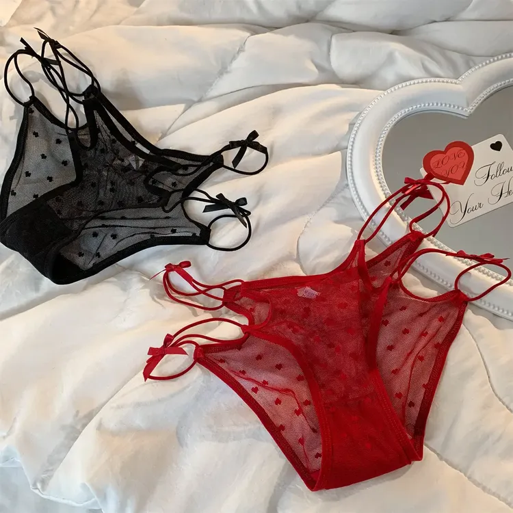 纯欲蕾丝内裤女款透气镂空蝴蝶结腰带纯色网纱低腰少女三角裤薄款