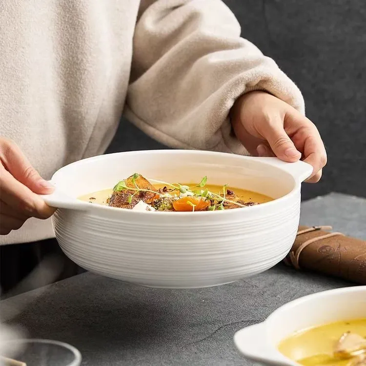 陶瓷双耳汤碗面碗防烫白色简约大碗日式泡面碗家用大容量汤盆烤cy