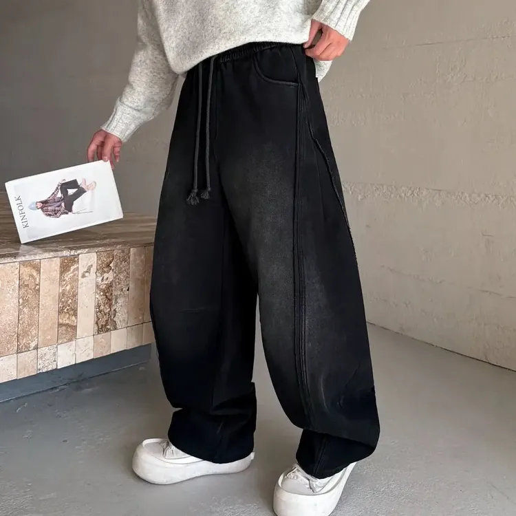 秋冬加绒加厚水洗纯棉宽松直筒弯刀休闲裤男士痞帅阔腿