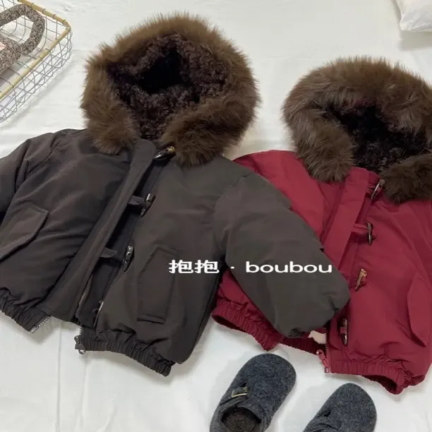 韩版儿童加绒加厚连帽大毛领冬季派克服男女童外套