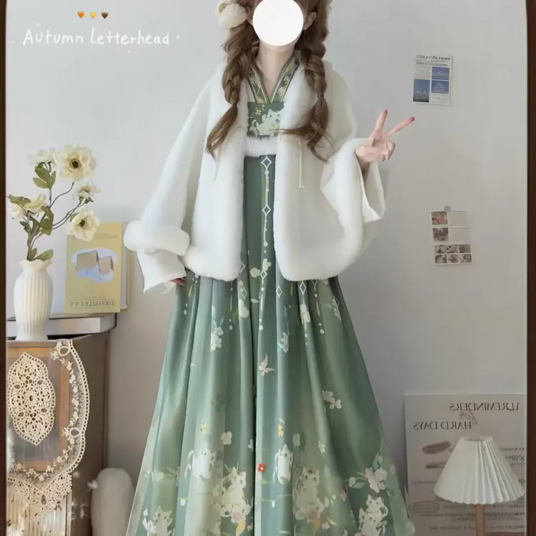 印花披袄明制外衣青少年刺绣汉服冬季对襟少女加厚