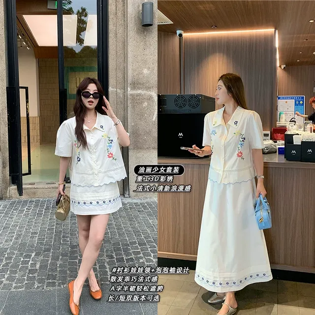 NAZ那子大码3D彩绣全棉胖mm显瘦减龄娃娃领刺绣上衣洋气半裙套装