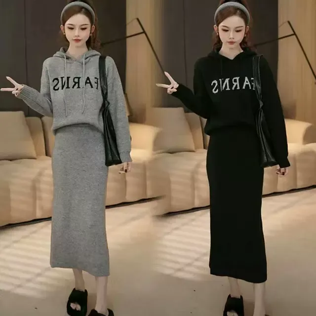 加厚连帽字母休闲风针织上衣半身裙套装秋冬设计感小众慵懒风毛衣
