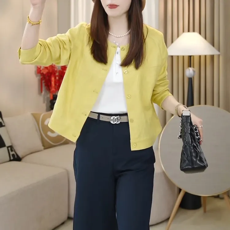 仿亚麻！秋季清爽软仿亚麻质感显瘦圆领短外套女小个子上衣