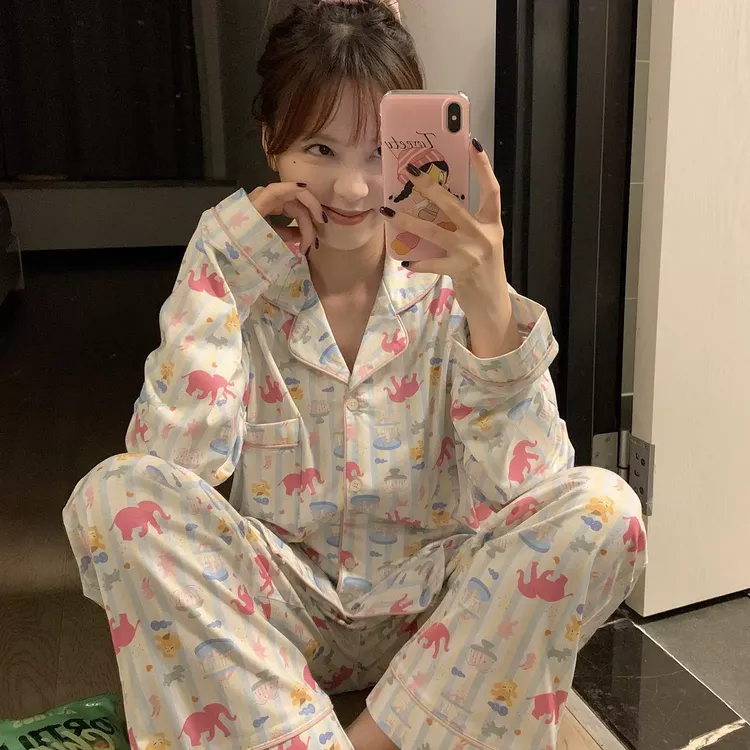 大码日系卡通印花长袖长裤睡衣套装女秋季2025新款甜美家居服春秋