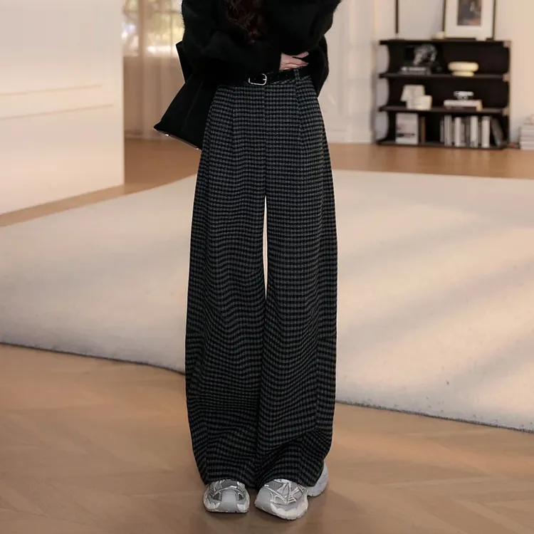 格子毛呢休闲阔腿裤女爆款2025年秋冬季新款高腰显瘦加绒直筒长裤