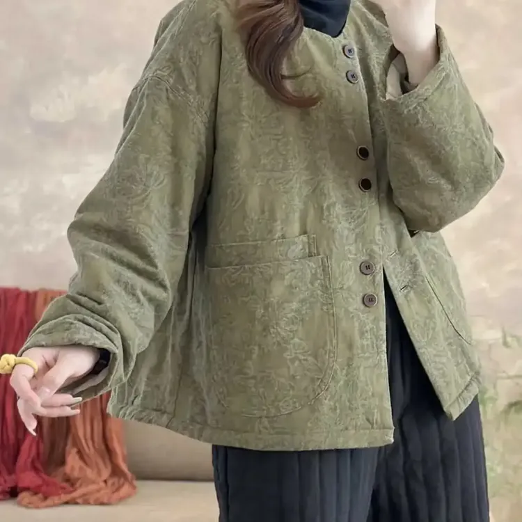 新中式高品全麻提花圆领夹棉长袖加厚保暖秋冬棉服原创设计