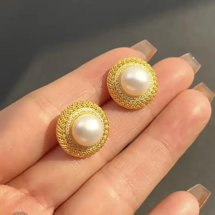 铜合金仿珍珠耳饰 铜合金简约个性金色珍珠耳钉法式复古时尚耳饰