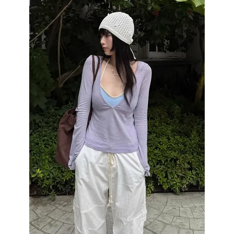 2025新款韩系紫色辣妹纯欲气质防晒罩衫长袖T恤女深V领慵懒风上衣