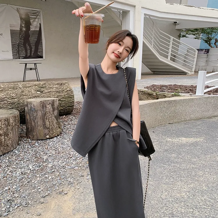 韩系chic别致休闲套装女夏季2025新款灰色无袖背心半身裙两件套潮