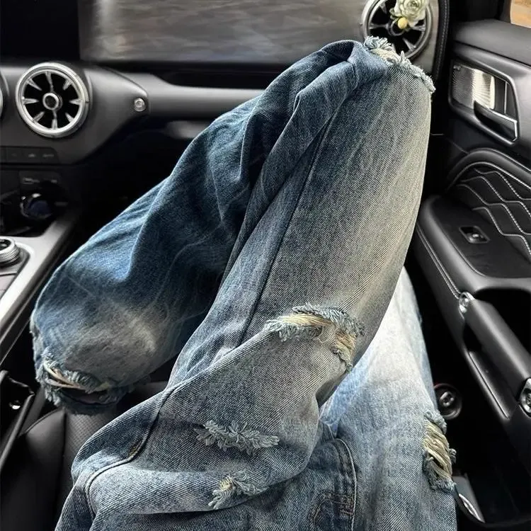 美式复古破洞微喇牛仔裤夏季高街vibe高级感痞帅裤子直筒休闲长裤