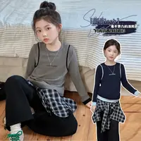 女童秋装假两件长袖T恤2025秋冬新款中大儿童时尚洋气打底衫上衣