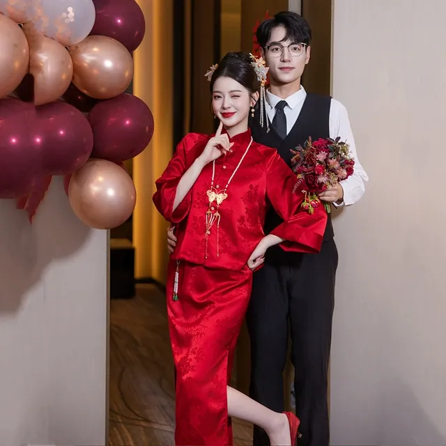 敬酒服新娘新中式结婚旗袍套装酒红色订婚礼服高级感回门宴春季女