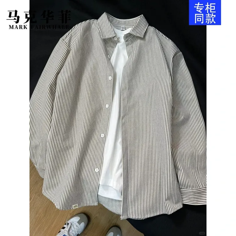 马克华菲美式条纹长袖衬衫男女款冬季宽松青少年百搭衬衣外套