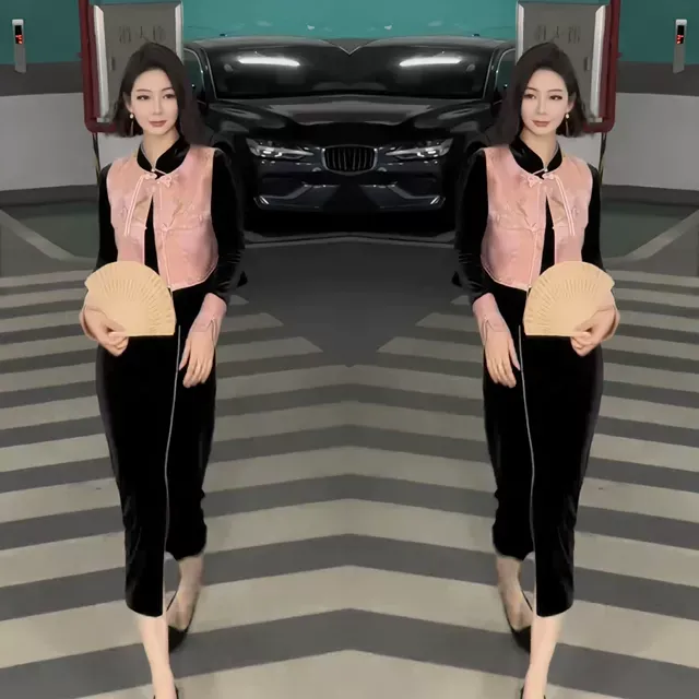 网红爆款炸街时尚显瘦新中式国风穿搭洋气丝绒长款开叉裙子+马甲