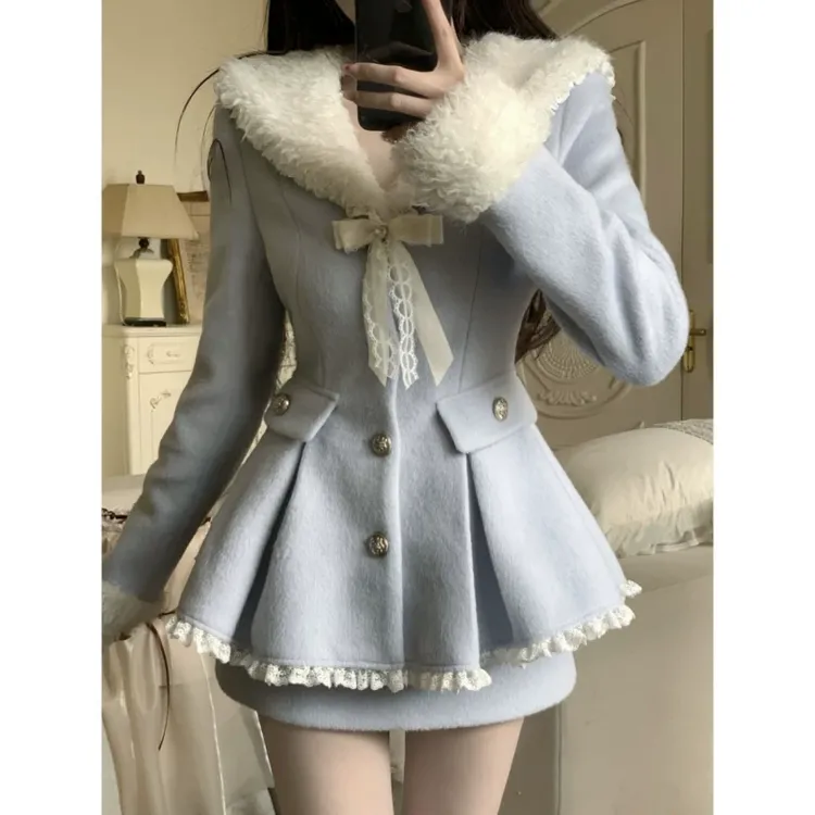 千金风甜美套装秋冬气质显瘦毛毛拼接呢子外套+半身短裙两件套女