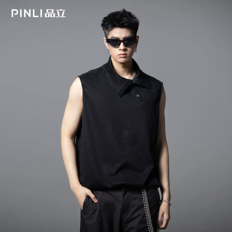 PINLI品立夏季半开斜襟翻领无袖T恤男潮牌肌理宽松背心B252111037