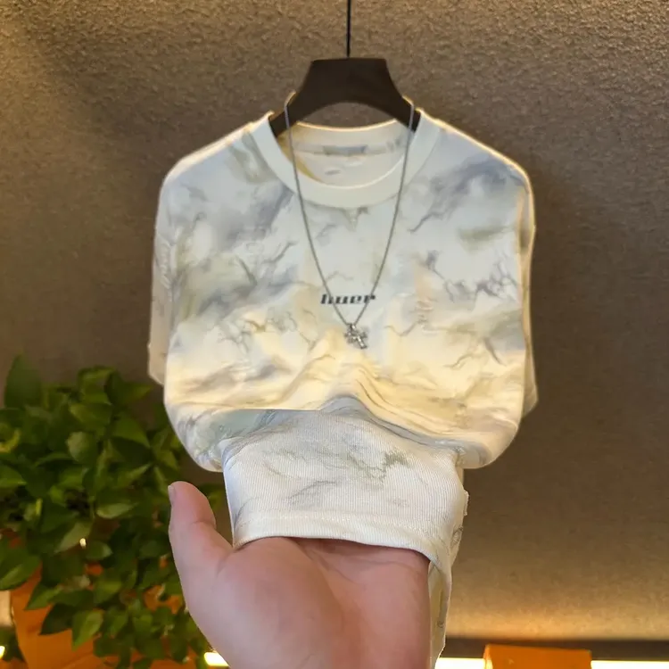 2025新款夏日破洞水墨画男上衣短袖透气爆流星半袖圆领百搭休闲短