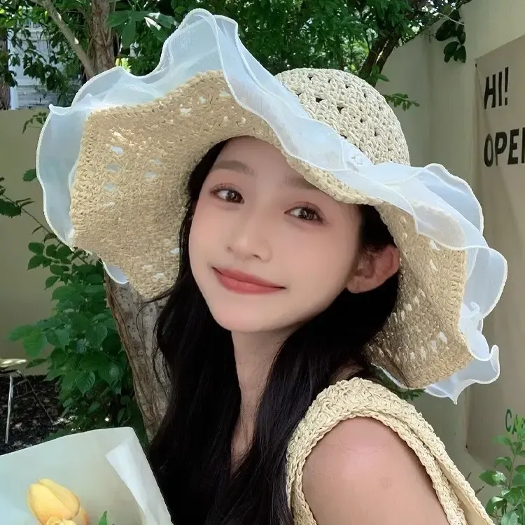 法式草帽女2025夏季新款透气蕾丝花边镂空防晒帽海边帽子遮阳F101