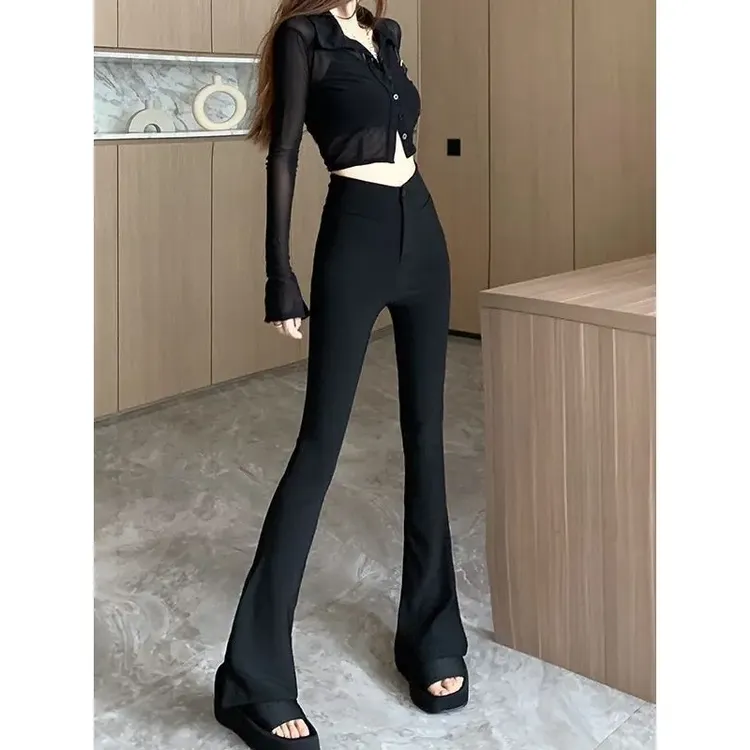 黑色西装裤子女春夏新款2025高腰弹力微喇叭裤修身显瘦拖地马蹄裤