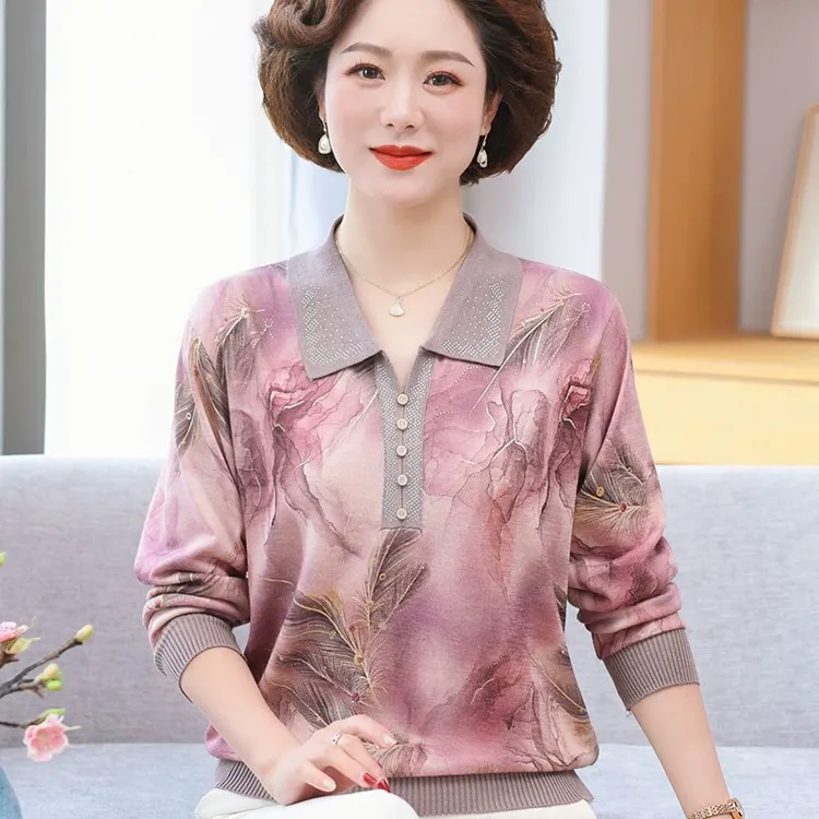 妈妈春装洋气翻领T恤衫中老年女薄款长袖上衣春秋打底衫两件套装
