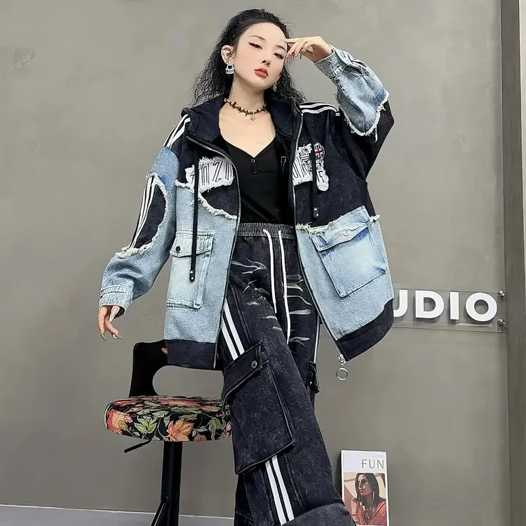 秋冬新款时尚拼接牛仔连帽宽松重工休闲外套男女情侣款加绒