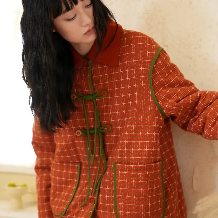 新中式盘扣提花复古冬季改良国风女士居家服套装睡衣