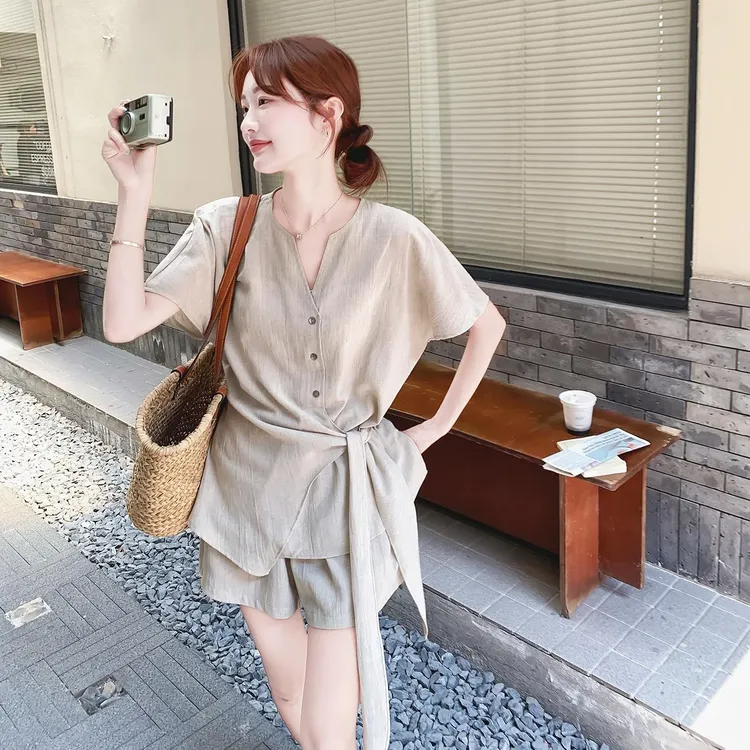 法式收腰系带上衣短裤套装女2025夏季新款气质减龄显瘦百搭两件套