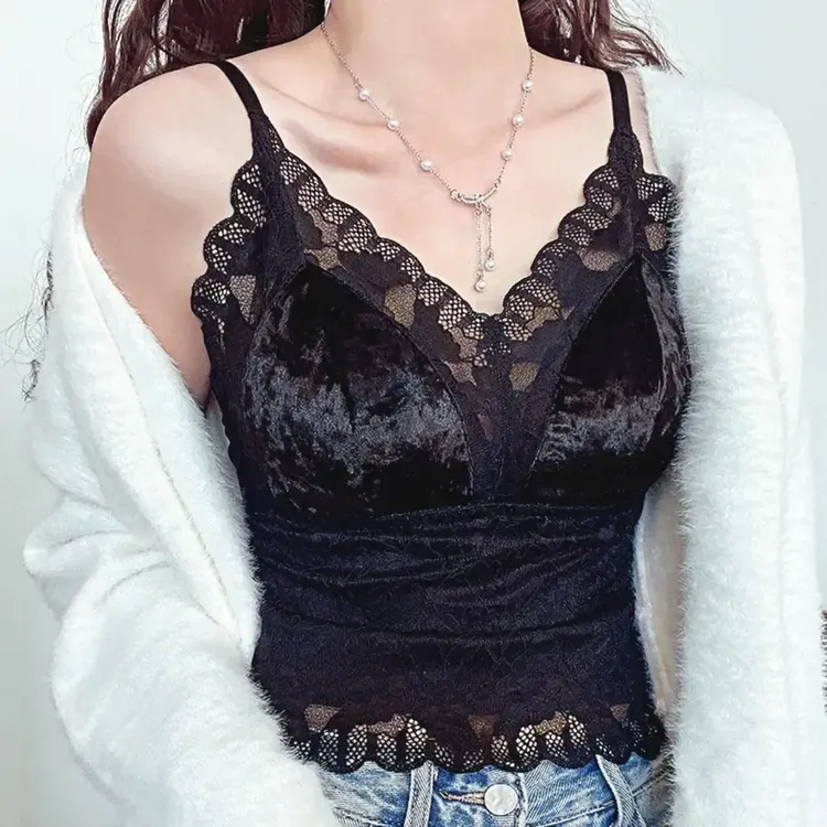 爆款大码磨毛法式金丝绒拼接蕾丝吊带背心女秋冬打底胸垫一美背