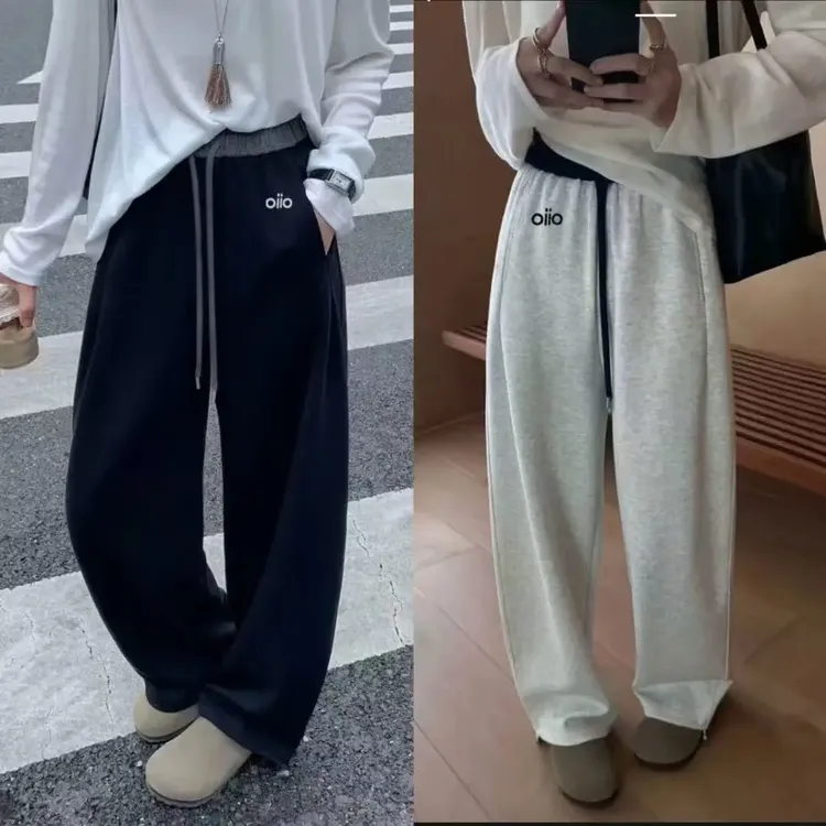 【高克重 高品质】加绒加厚女秋冬刺绣小标含棉美式休闲弯刀阔腿裤