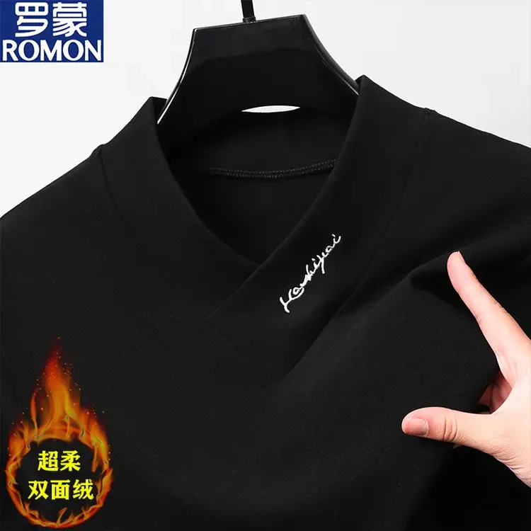罗蒙德绒长袖打底衫男士秋冬双面绒领内搭t恤成熟痞帅鸡心领男装
